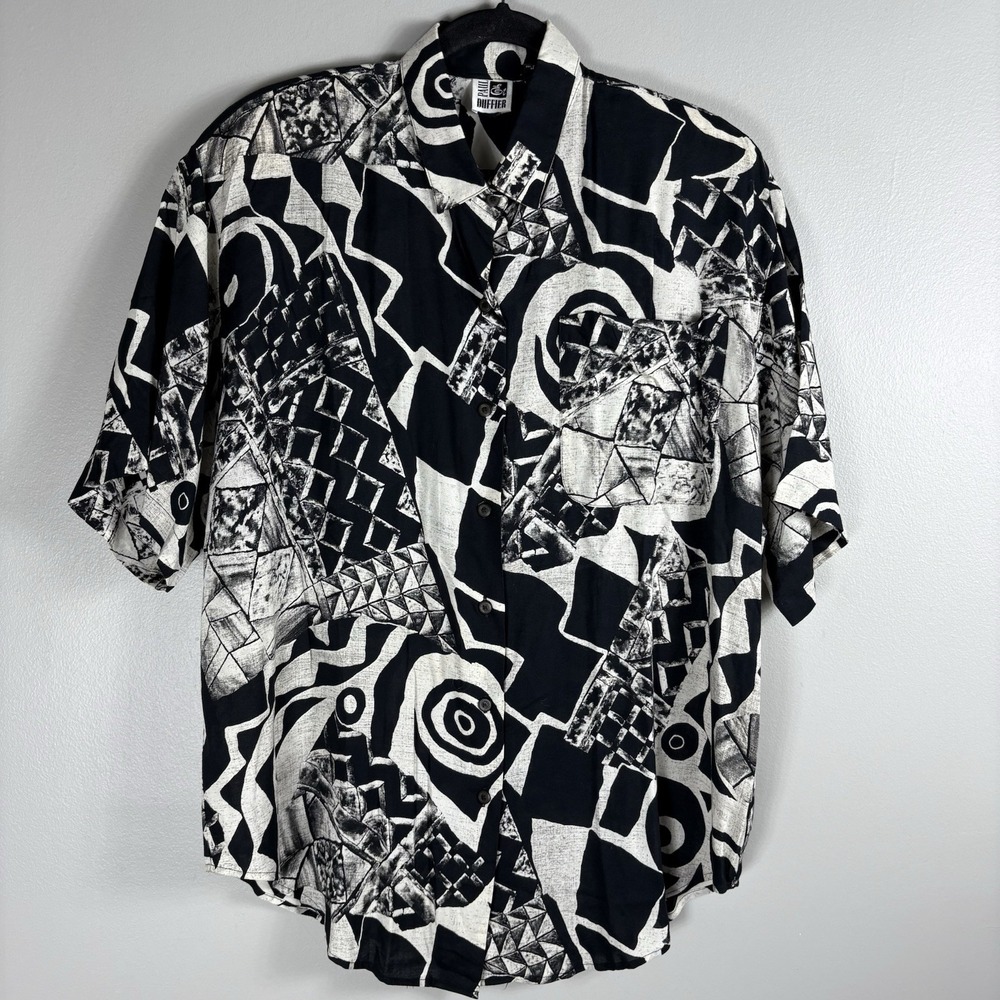 Paul Et Duffier Women's Large Beige Black Art To Wear Button Up Short Sleeve Top